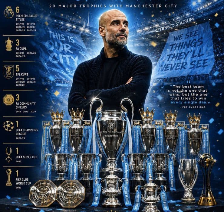 Huấn luyện viên Pep Guardiola cùng bộ sưu tập danh hiệu của Man City, minh chứng cho những tỷ số đã thay đổi dòng chảy lịch sử câu lạc bộ.