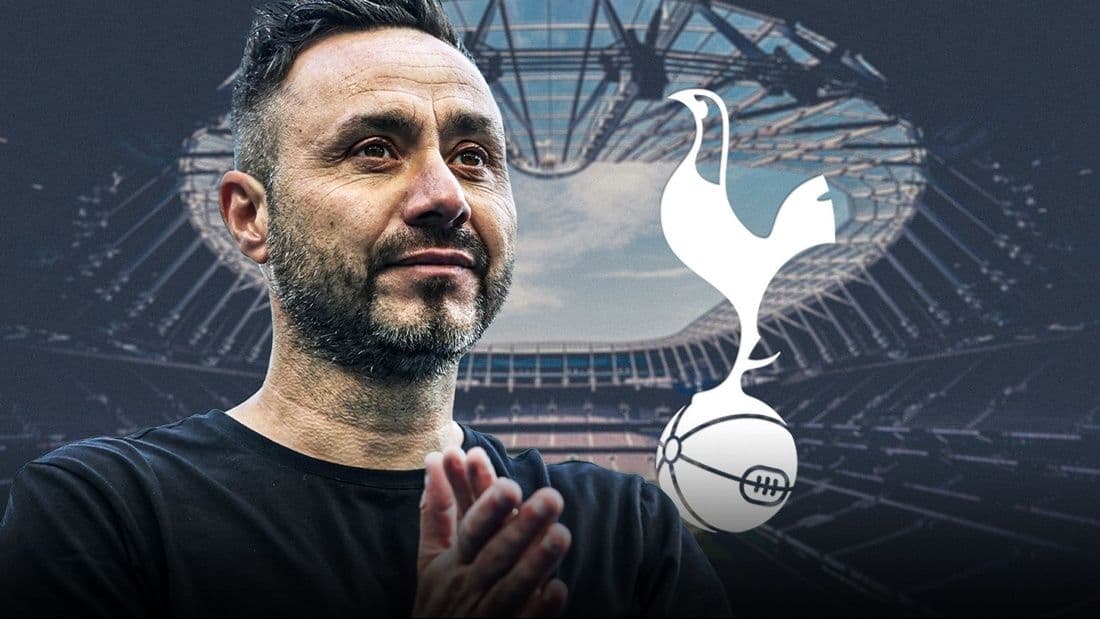 Huấn luyện viên Roberto De Zerbi với sân vận động Tottenham, minh họa gánh nặng tài chính của câu lạc bộ.