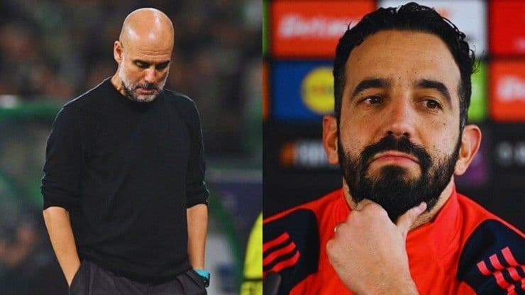 Huấn luyện viên Ruben Amorim và Pep Guardiola đối mặt, tượng trưng cho canh bạc định mệnh của hai triều đại.