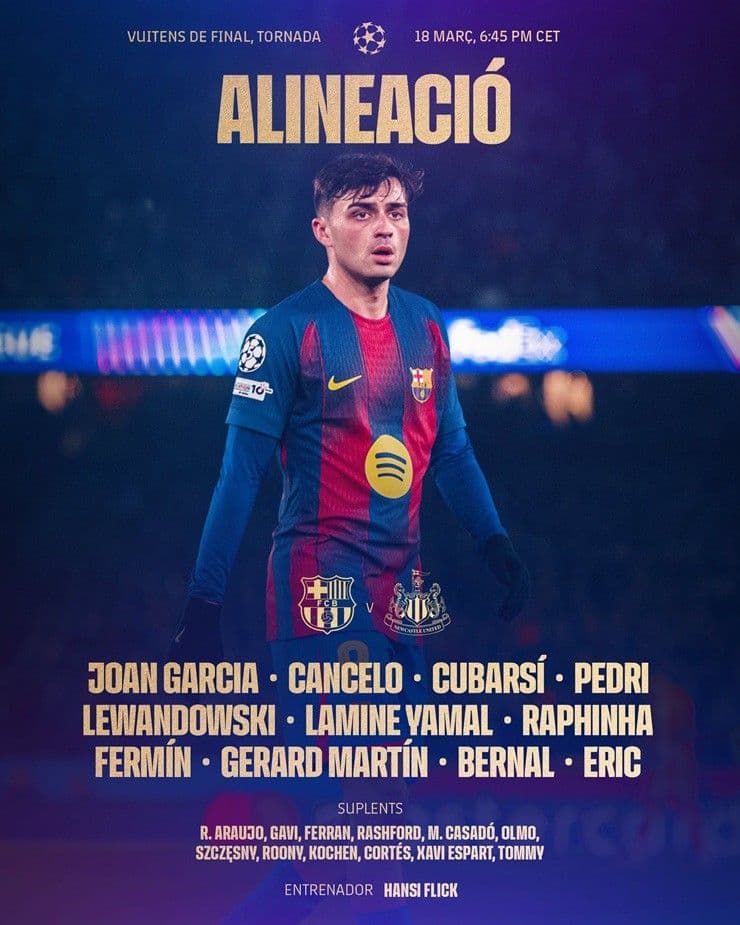 Đội hình dự kiến Barcelona vs Newcastle tại Camp Nou, với Pedri và Yamal