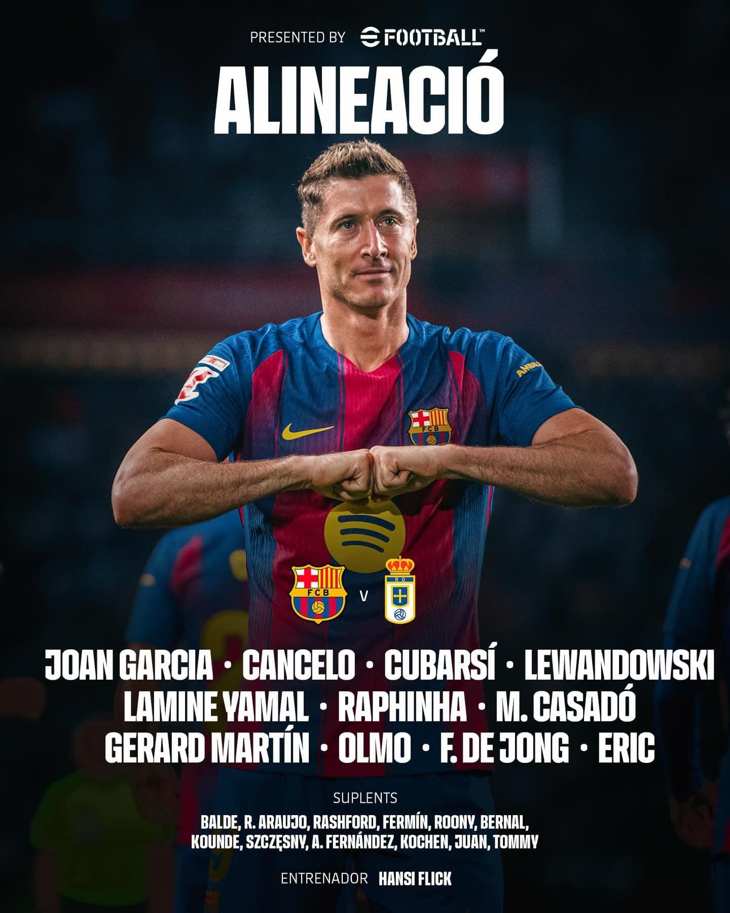 Đội hình ra sân của Barcelona với Lewandowski và logo Real Oviedo