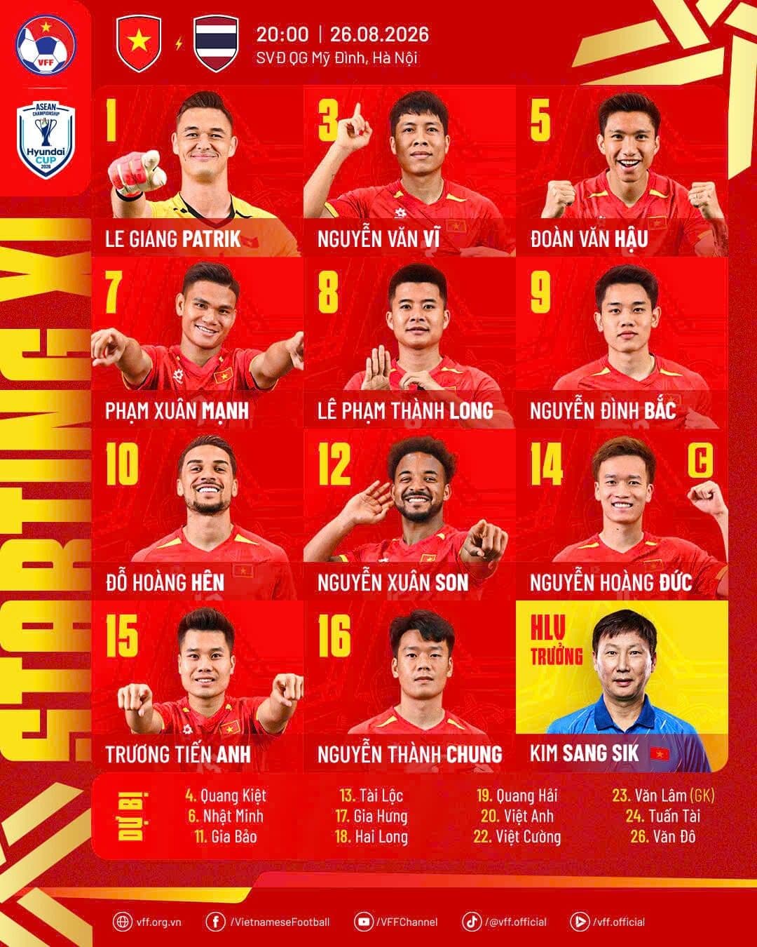 Đội hình xuất phát của đội tuyển Việt Nam trong trận chung kết lượt về ASEAN Cup 2026.