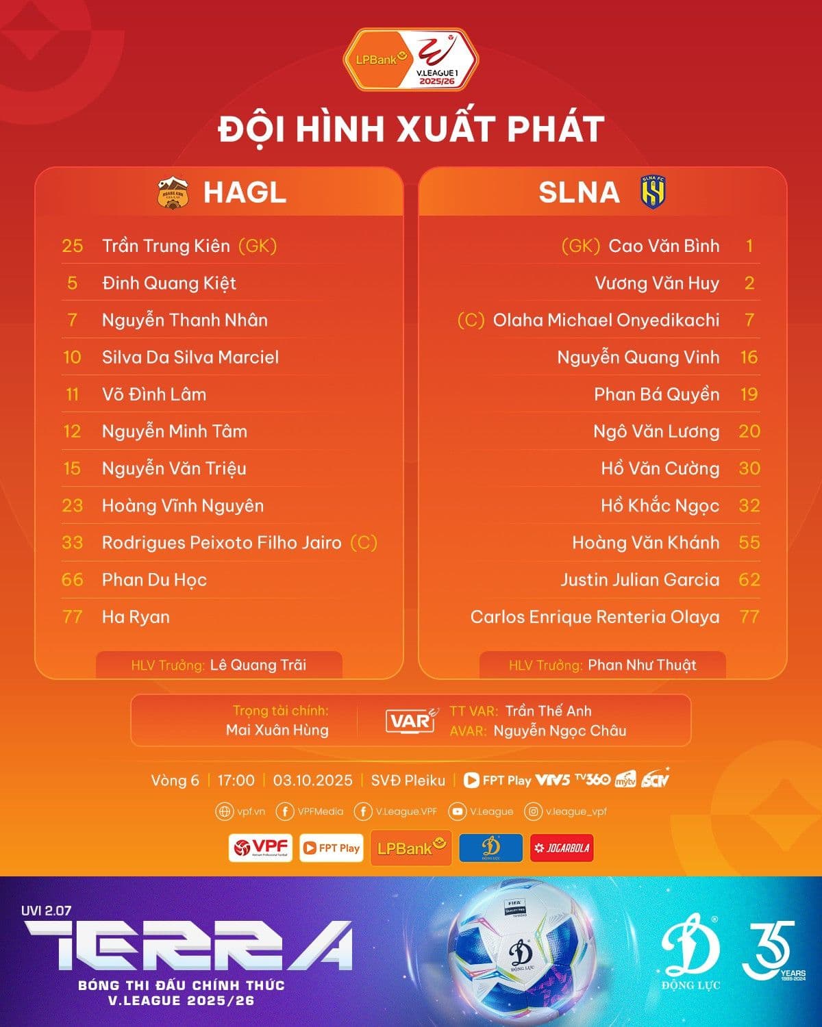 Đội hình xuất phát của Sông Lam Nghệ An và Hoàng Anh Gia Lai trong trận đấu vòng 6 V-League.