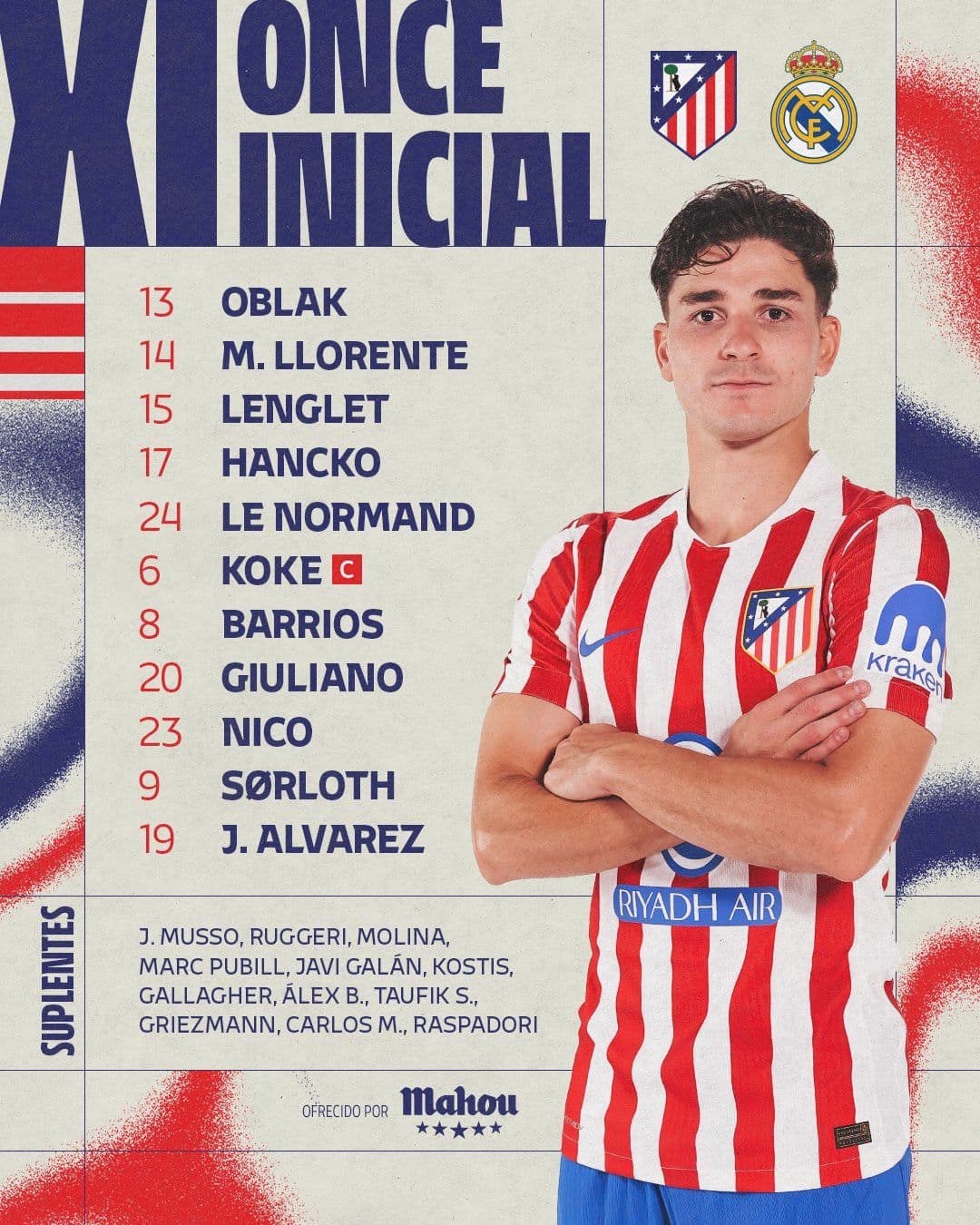 Đội hình xuất phát dự kiến của Atletico Madrid tại sân Metropolitano.