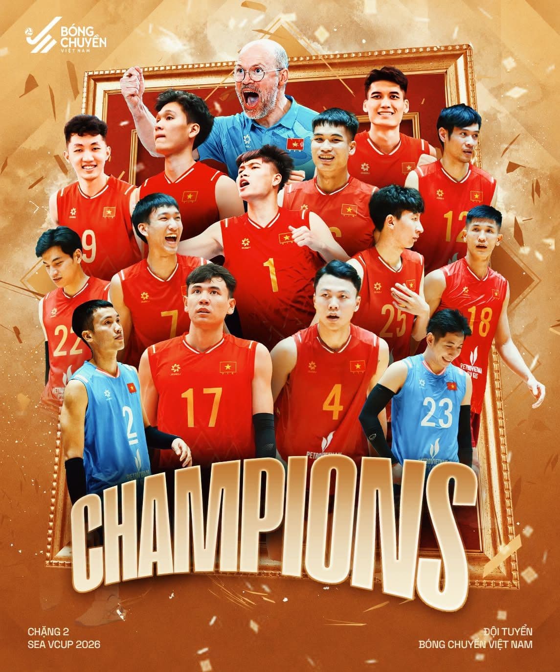 Đội tuyển bóng chuyền nam Việt Nam ăn mừng chức vô địch SEA V-Cup 2026, đánh dấu sự chuyển mình mạnh mẽ của bóng chuyền Việt Nam.