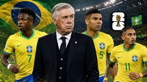 Đội tuyển Brazil với các ngôi sao Vinicius, Casemiro và HLV Ancelotti, hướng tới World Cup 2026.