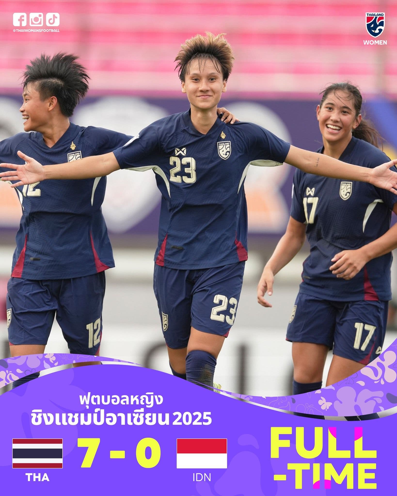 Đội tuyển nữ Thái Lan ăn mừng chiến thắng 7-0 trước Indonesia tại ASEAN Cup 2025.