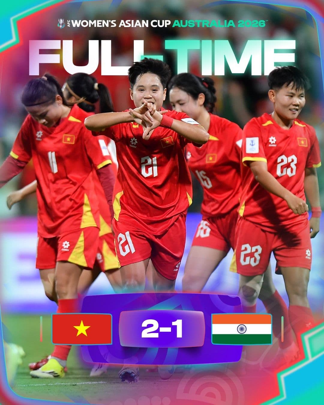 Đội tuyển nữ Việt Nam ăn mừng chiến thắng 2-1 trước Ấn Độ tại Asian Cup 2026