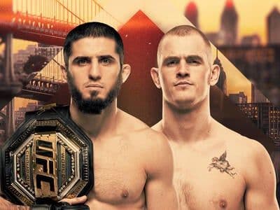Islam Makhachev, nhà vô địch UFC, đối mặt với Ian Machado Garry trên nền thành phố Philadelphia, quảng bá cho sự kiện UFC 330.