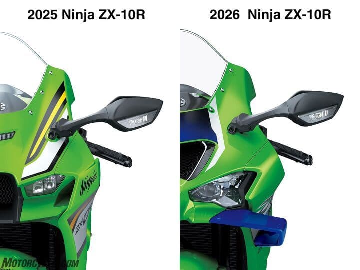 Kawasaki ZX-10R 2026 màu xanh lá cây đang nghiêng mình vào cua trên đường đua, thể hiện khả năng xử lý linh hoạt và góc nghiêng ấn tượng.