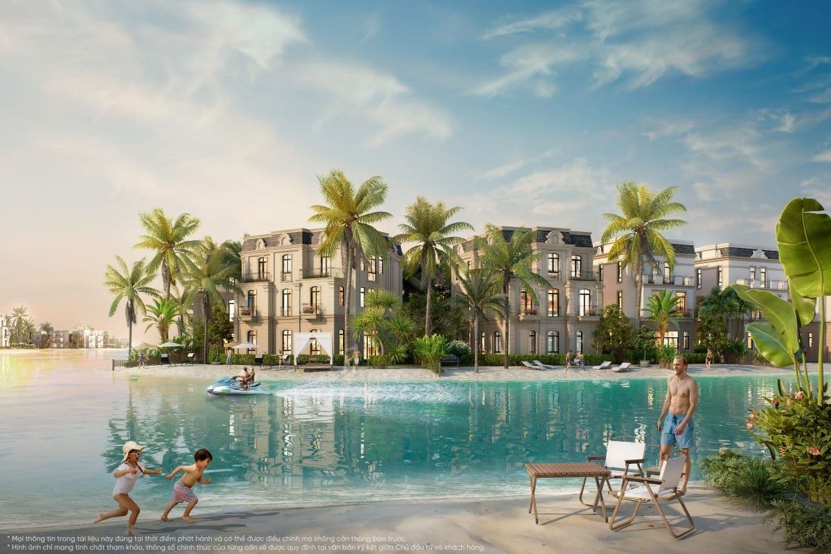 Khu biệt thự biển Vịnh Ngọc tại Vinhomes Green Paradise Cần Giờ với hồ Lagoon và bãi tắm riêng, thể hiện lối sống nghỉ dưỡng sang trọng.