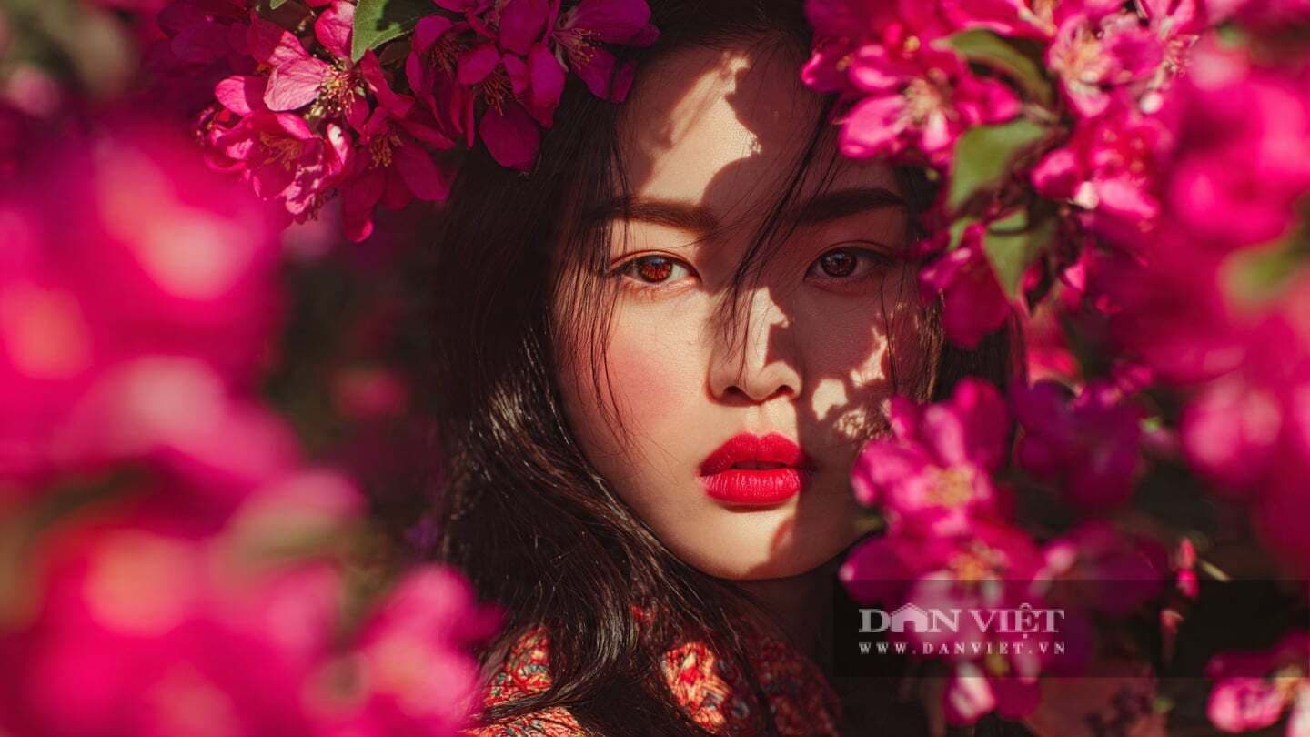 Khuôn mặt người phụ nữ với ánh mắt kiên định giữa những bông hoa rực rỡ, tượng trưng cho sức mạnh của ý chí và lựa chọn cá nhân.