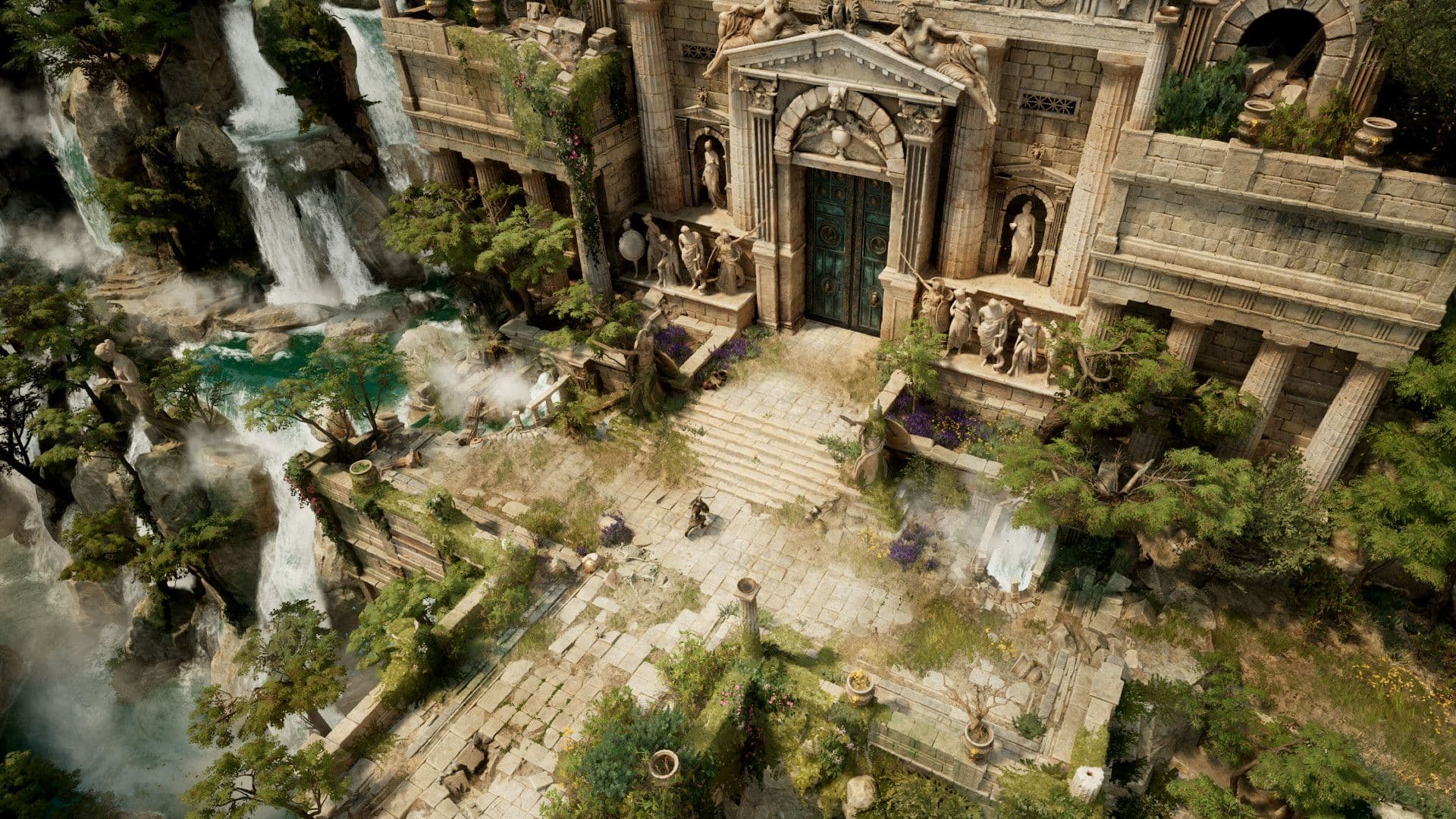 Kiến trúc đền thờ Hy Lạp cổ đại hùng vĩ trong Titan Quest 2, với thác nước và cây xanh bao quanh.