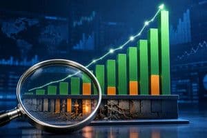 Kính lúp phóng to biểu đồ tài chính, tượng trưng cho việc định giá và quản lý tài sản bị tịch thu trước khi nộp vào công quỹ.
