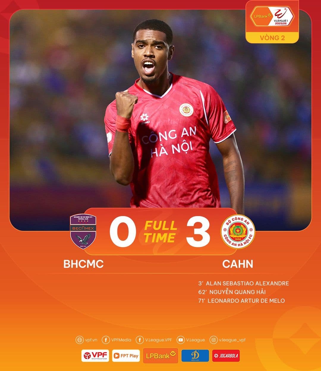 Kết quả chung cuộc 3-0 nghiêng về CAHN với các bàn thắng của Alan, Quang Hải và Leo Artur