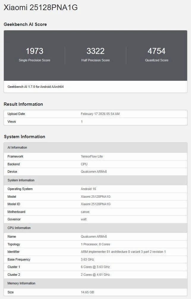 Kết quả điểm Geekbench AI của Xiaomi 25128PNA1G, minh chứng cho hiệu năng xử lý AI vượt trội