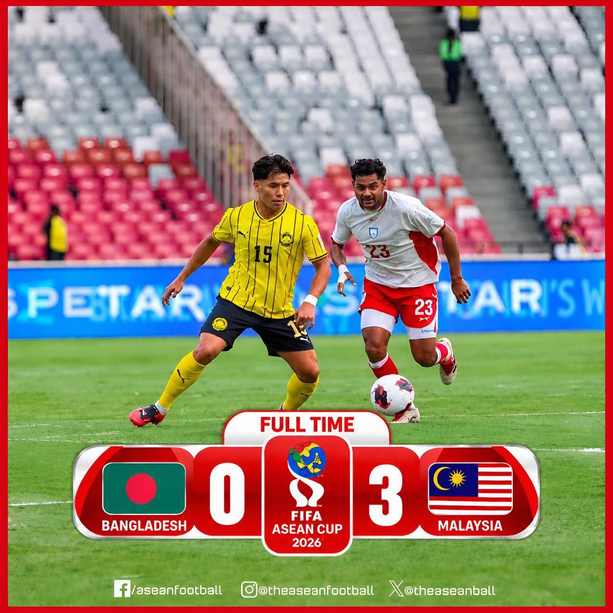 Kết quả trận đấu bóng đá Malaysia 3-0 Bangladesh tại FIFA ASEAN Cup 2026 với cầu thủ Malaysia và Bangladesh trên sân.
