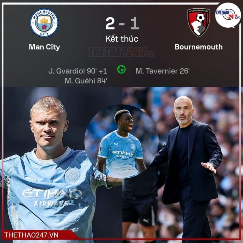 Kết quả trận đấu Man City 2-1 Bournemouth với hình ảnh Haaland và HLV Maresca