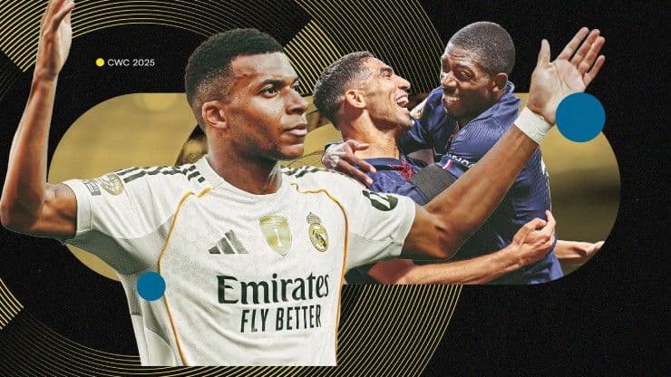 Kylian Mbappe trong màu áo Real Madrid đối đầu các cầu thủ PSG, biểu tượng cho cuộc chiến ngai vàng và áp lực 'lưỡi dao kép'.