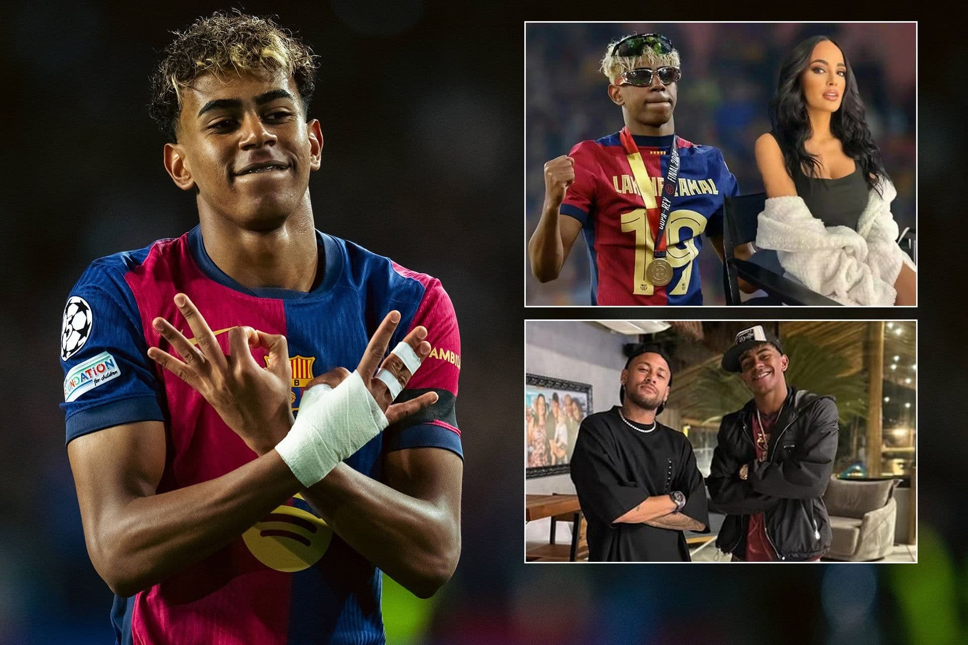 Lamine Yamal trong trang phục bóng đá và hình ảnh tiệc sinh nhật, so sánh với Neymar