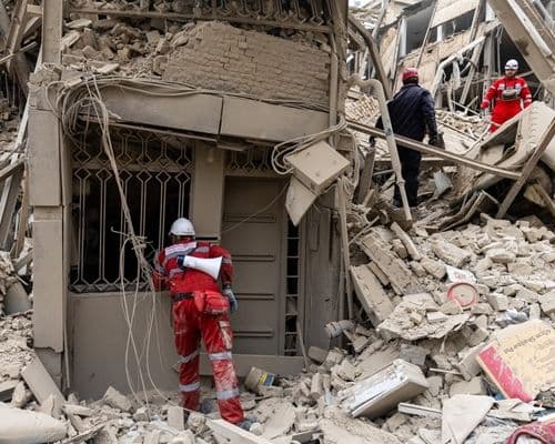 Lực lượng cứu hộ tìm kiếm trong đống đổ nát sau một vụ tấn công, minh họa cho xung đột Trung Đông và cú sốc nguồn cung dầu.