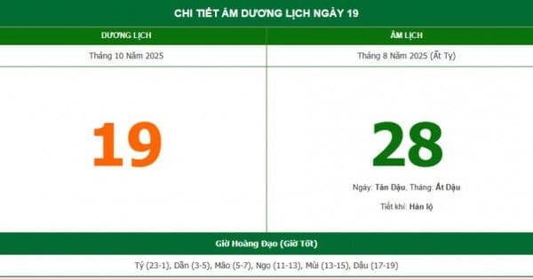 Lịch âm dương ngày 19/10/2025 với thông tin Thiên Can, Địa Chi và giờ Hoàng Đạo