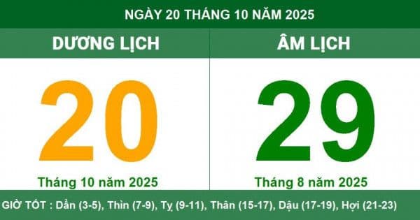 Lịch âm ngày 20 tháng 10 năm 2025, hiển thị ngày dương lịch và âm lịch cùng giờ tốt.