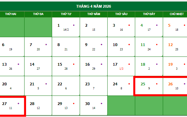 Lịch nghỉ lễ 30/4-1/5/2026 với hai nhịp nghỉ độc đáo được đánh dấu trên lịch.