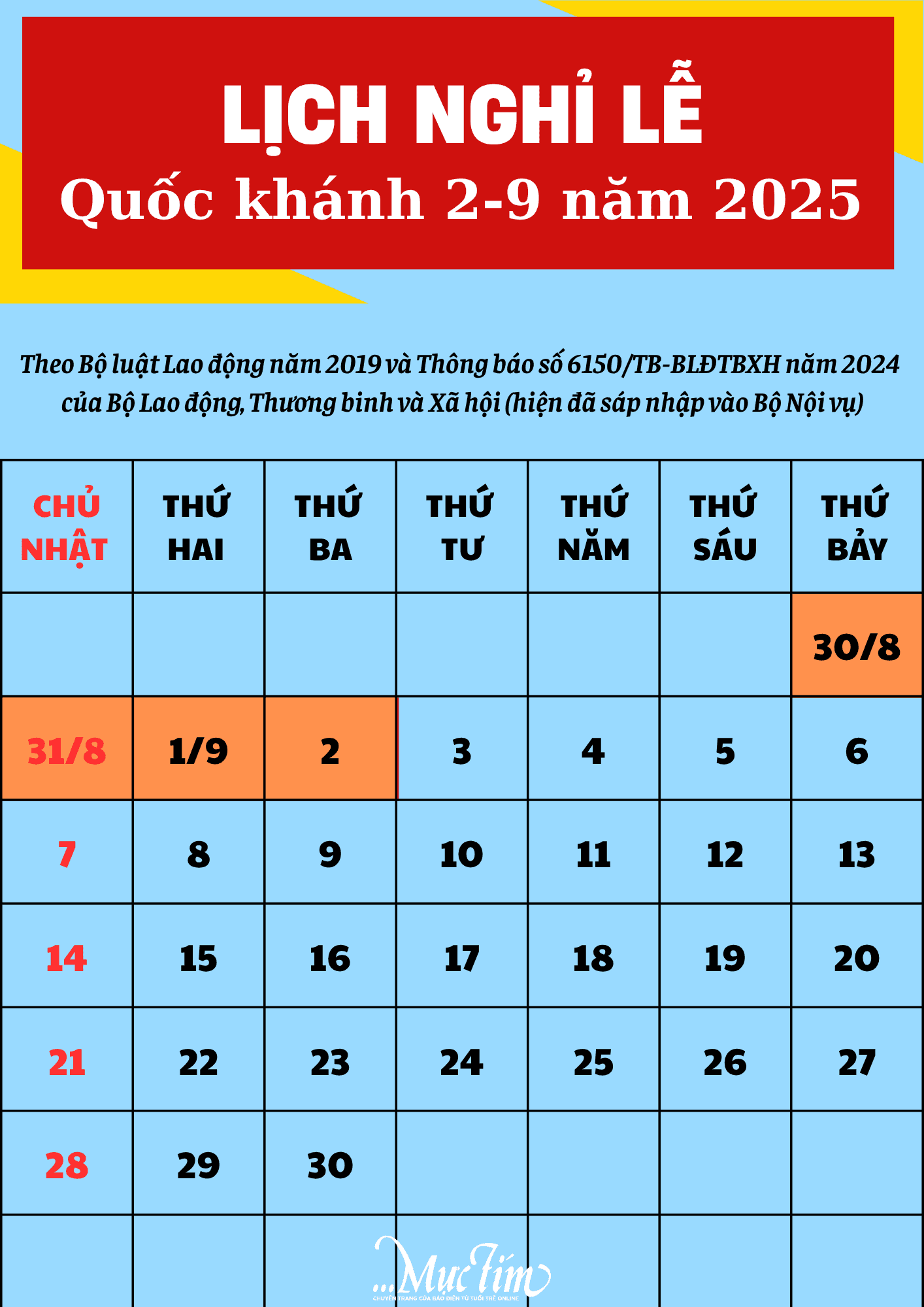 Lịch nghỉ lễ Quốc khánh 2/9/2025 chi tiết, hiển thị các ngày nghỉ liên tiếp từ 30/8 đến 2/9.