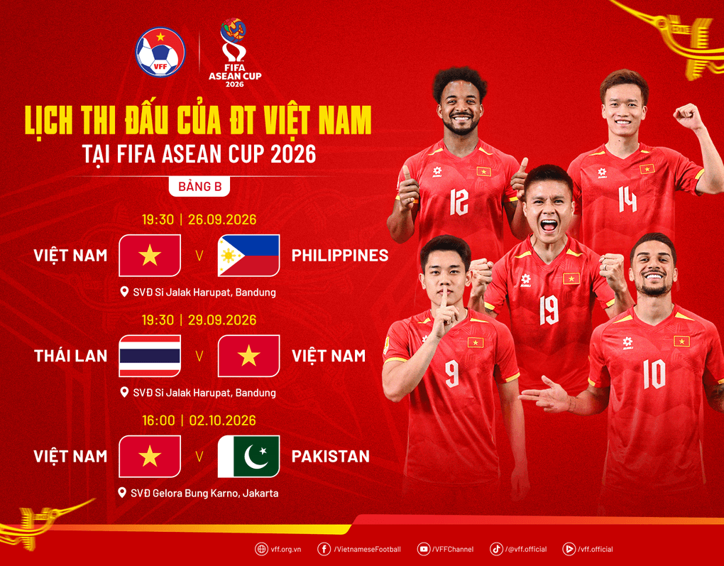 Lịch thi đấu của đội tuyển Việt Nam tại FIFA ASEAN Cup 2026 với hình ảnh các cầu thủ quốc gia.