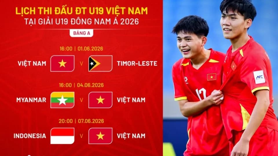 Lịch thi đấu U19 Đông Nam Á 2026 của đội tuyển U19 Việt Nam, thể hiện các trận đấu quốc tế quan trọng.
