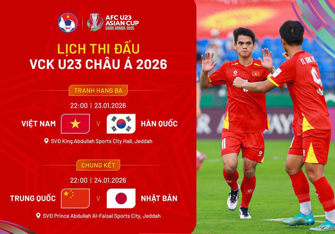 Lịch thi đấu VCK U23 Châu Á 2026, trận tranh hạng ba giữa U23 Việt Nam và U23 Hàn Quốc.