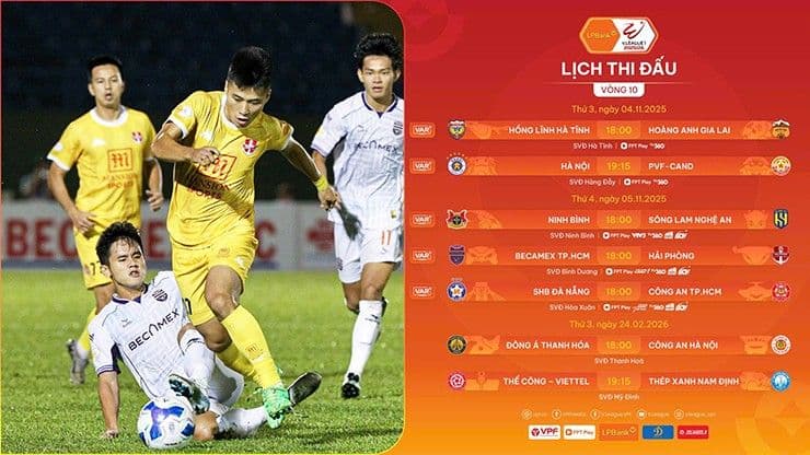 Lịch thi đấu vòng 10 V-League 2025/26, với trận Hà Nội FC gặp PVF-CAND