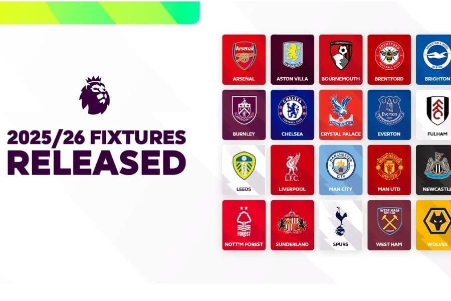 Lịch thi đấu vòng 1 Ngoại hạng Anh 2025/26 với các logo câu lạc bộ, thể hiện cuộc đua tranh ngôi vị.