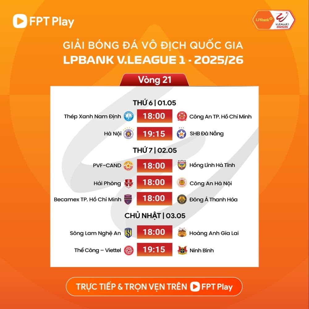 Lịch thi đấu vòng 21 V-League 2025/2026, thể hiện sự kịch tính và chuyên nghiệp của giải đấu.