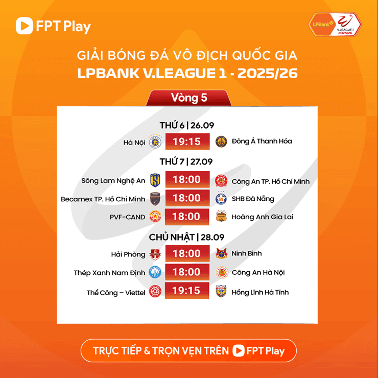 Lịch thi đấu vòng 5 LPBank V-League 1 2025/26, bao gồm trận Thể Công Viettel gặp Hồng Lĩnh Hà Tĩnh.