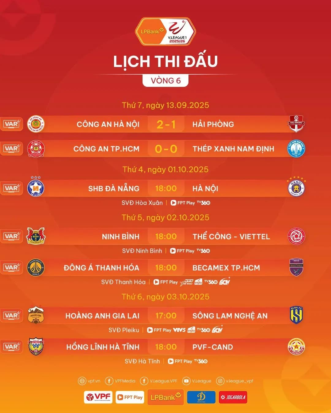 Lịch thi đấu vòng 6 V-League 2025-2026, trận đấu giữa Ninh Bình và Thể Công Viettel là tâm điểm.
