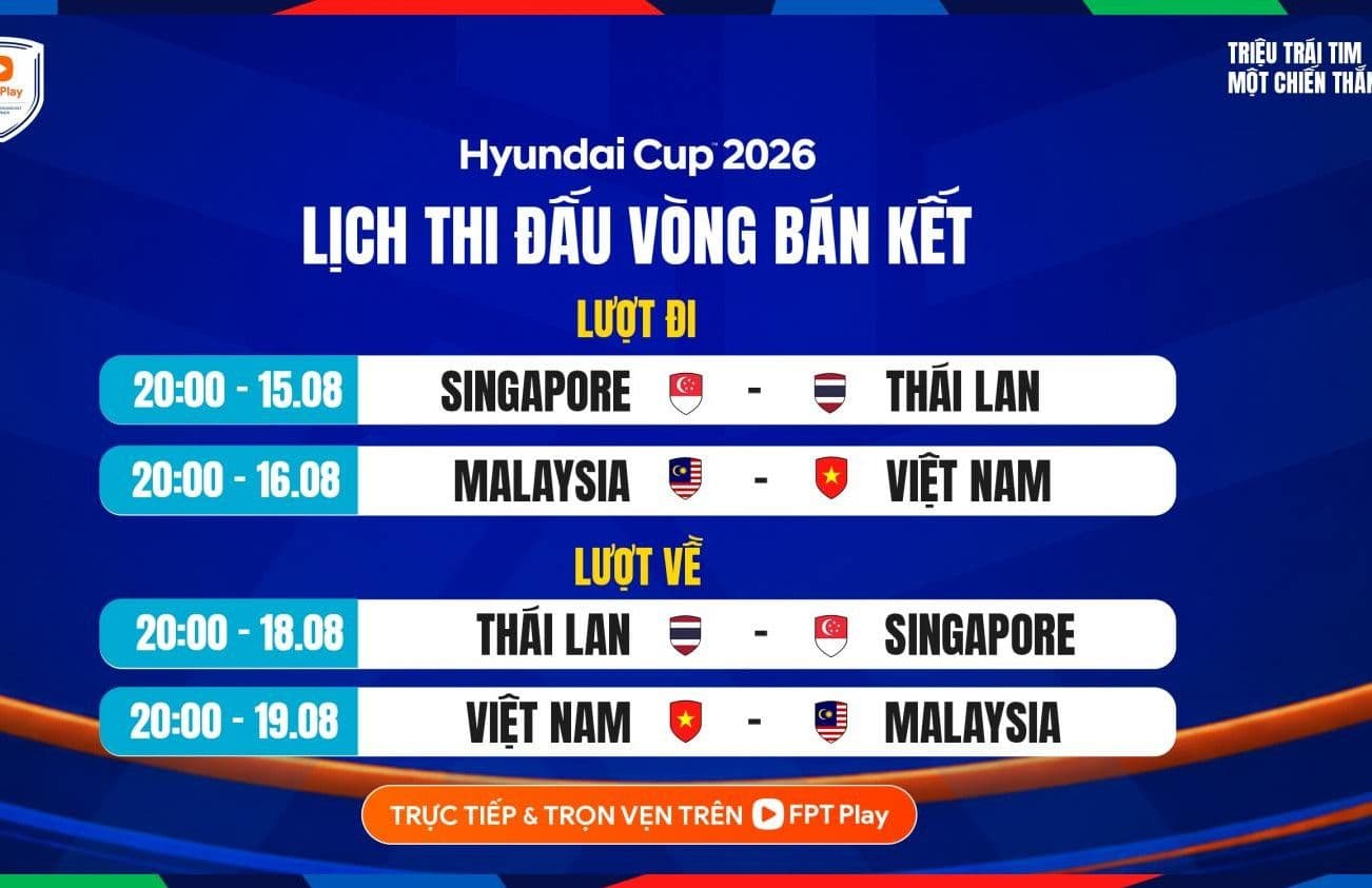 Lịch thi đấu vòng bán kết ASEAN Hyundai Cup 2026, bao gồm trận đấu giữa Singapore và Thái Lan.