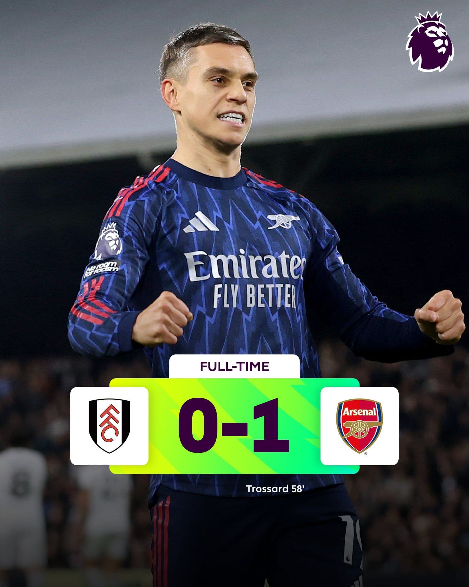Leandro Trossard ăn mừng bàn thắng quyết định giúp Arsenal đánh bại Fulham 1-0.