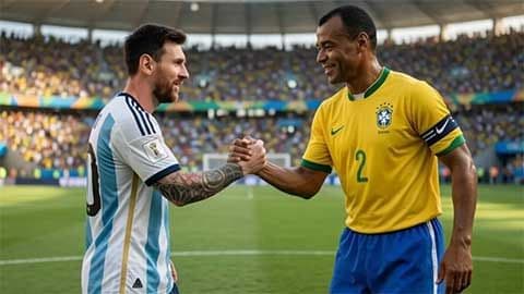 Lionel Messi bắt tay huyền thoại Cafu, tượng trưng cho sự tiếp nối và dấu ấn vĩnh cửu của các thế hệ cầu thủ trong biên niên sử World Cup.