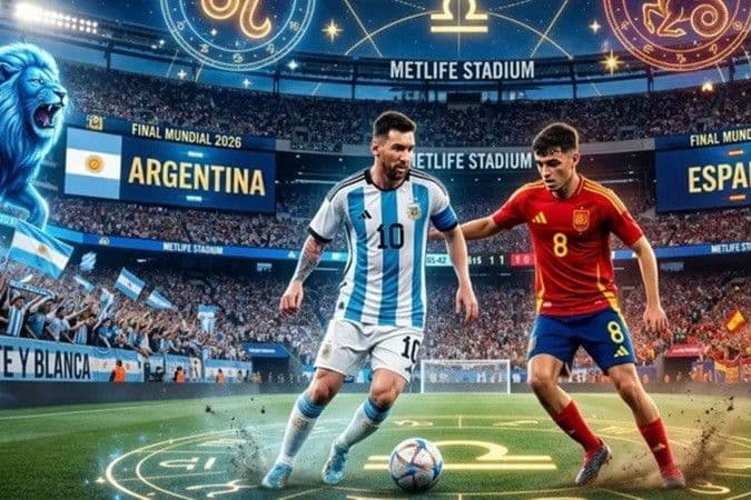 Lionel Messi của Argentina đối đầu cầu thủ Tây Ban Nha trên sân vận động với các biểu tượng chiêm tinh, tượng trưng cho bí thuật Cábala