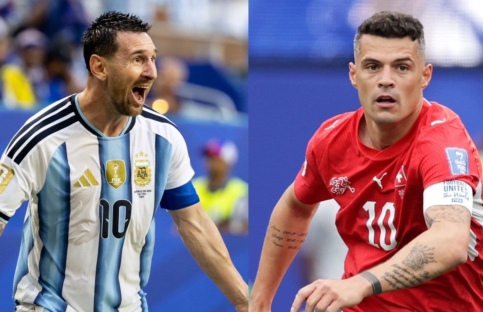 Lionel Messi của Argentina và Granit Xhaka của Thụy Sĩ đối mặt nhau trên sân cỏ, tượng trưng cho cuộc đối đầu giữa hai đội.
