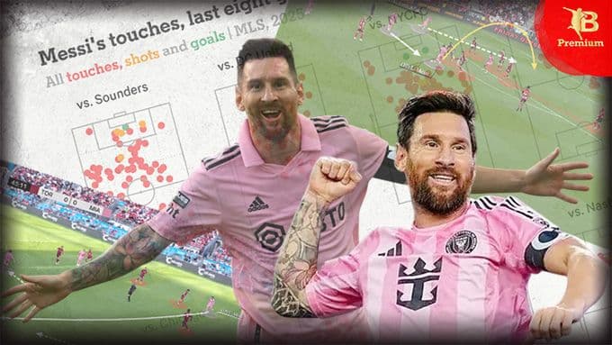 Lionel Messi trong màu áo Inter Miami với các biểu đồ chiến thuật, thể hiện sự tập trung vào màn trình diễn của anh trong trận đấu.