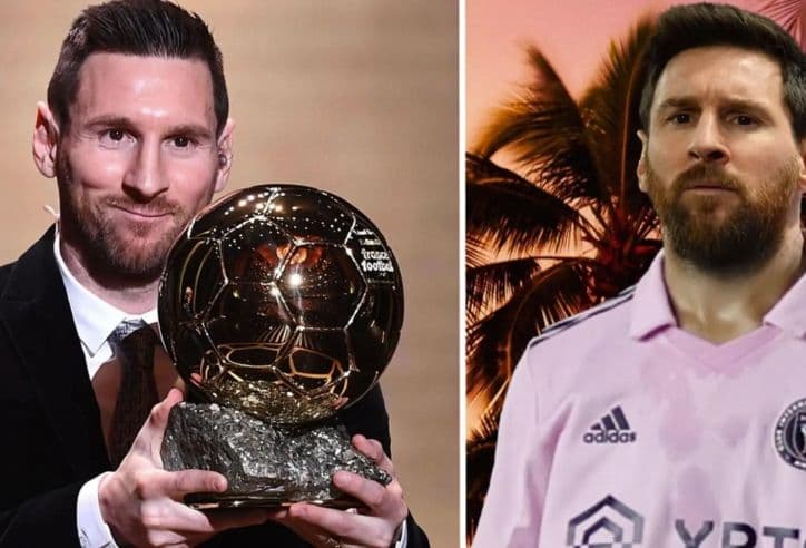 Lionel Messi với Quả bóng Vàng và trong màu áo Inter Miami, thể hiện tầm ảnh hưởng của anh