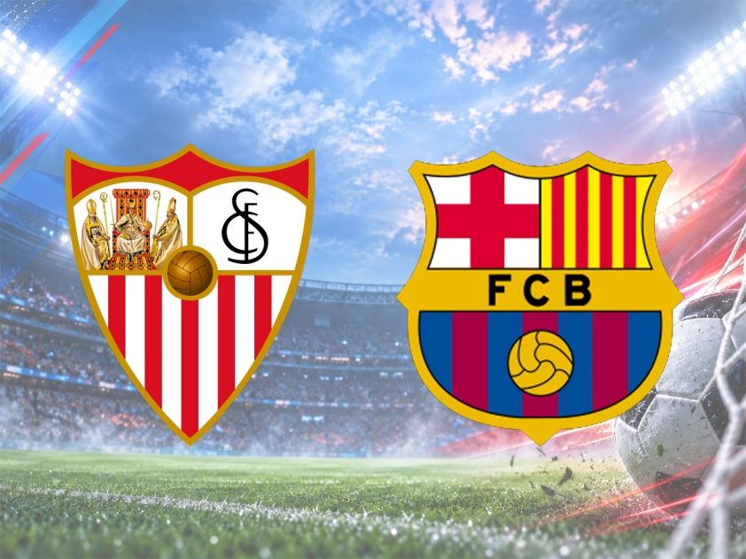 Logo Barcelona và Sevilla trên sân vận động, biểu tượng cho trận đấu La Liga.