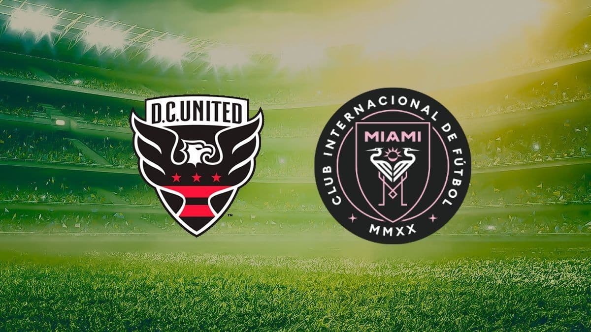 Logo của DC United và Inter Miami trên sân cỏ, biểu tượng cho cuộc đối đầu.