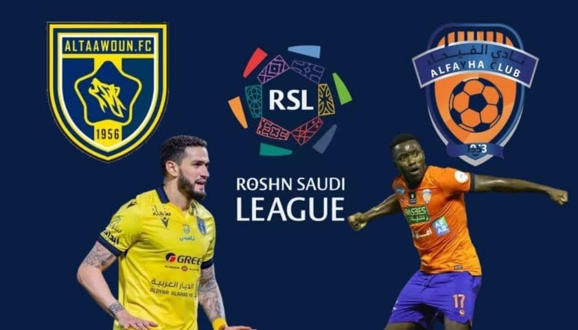 Logo giải VĐQG Saudi Arabia cùng hình ảnh hai cầu thủ, đại diện cho bối cảnh trận đấu Al Fateh