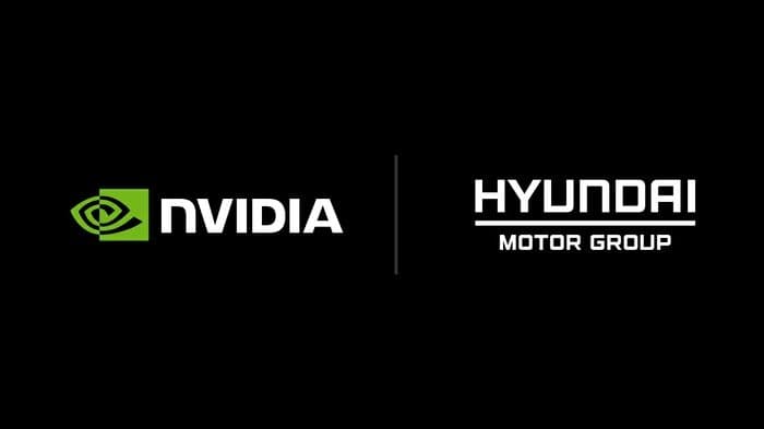 Logo NVIDIA và Hyundai Motor Group, thể hiện sự hợp tác trong việc củng cố năng lực sản xuất và AI của Hàn Quốc.
