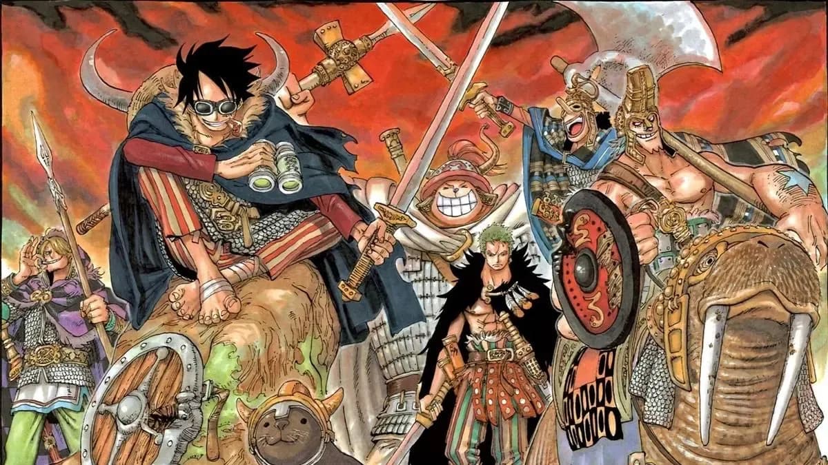 Luffy và băng Mũ Rơm trong trang phục Viking, tượng trưng cho hành trình huyền thoại và Arc Elbaf sắp tới của One Piece.