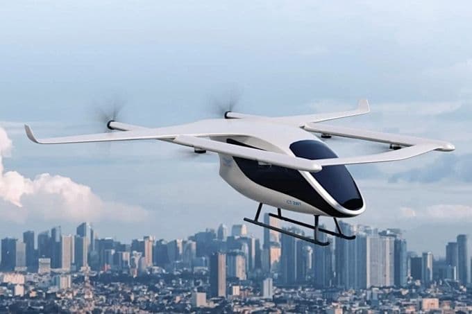 Mô hình thiết bị bay không người lái (UAV) do CT Group phát triển bay trên bầu trời thành phố, tượng trưng cho công nghệ cao của Việt Nam.